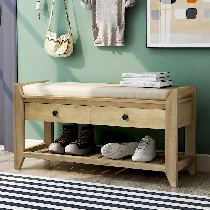 Entryway Storage Bench with Cushioned Seat and Shoe Rack