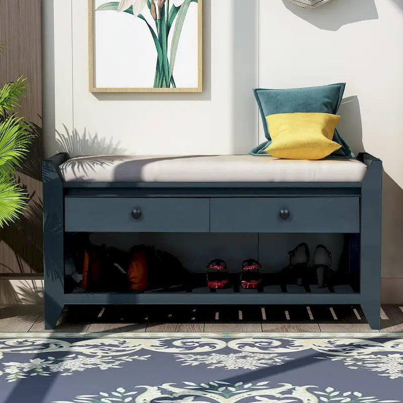 Entryway Storage Bench with Cushioned Seat and Shoe Rack
