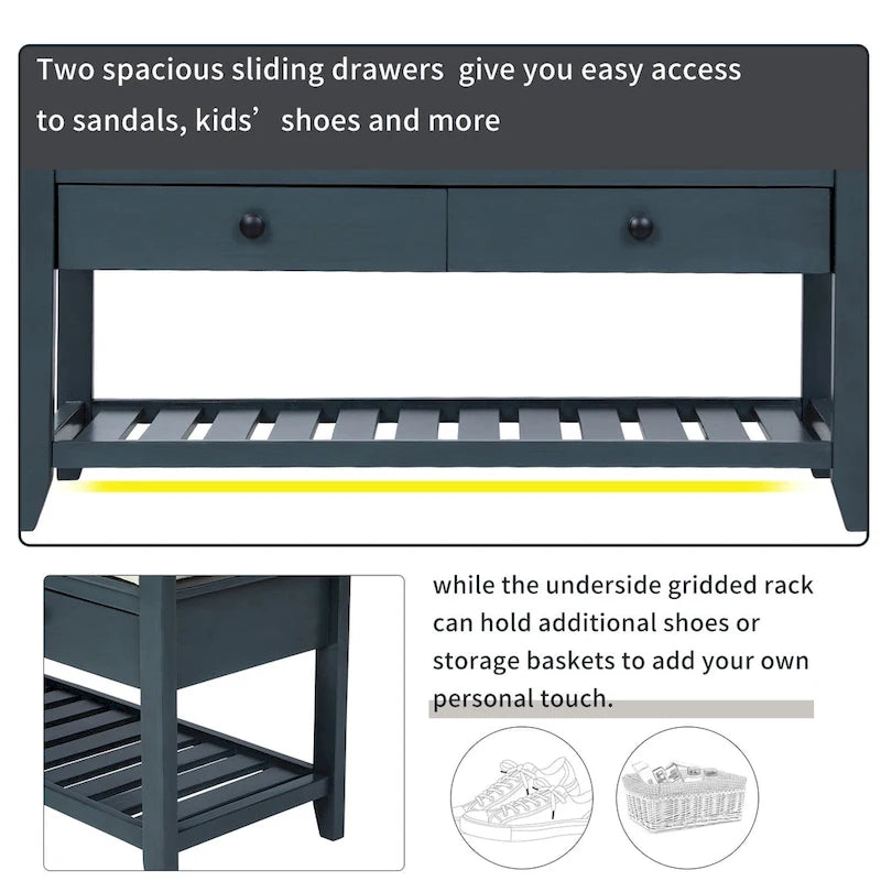 Entryway Storage Bench with Cushioned Seat and Shoe Rack