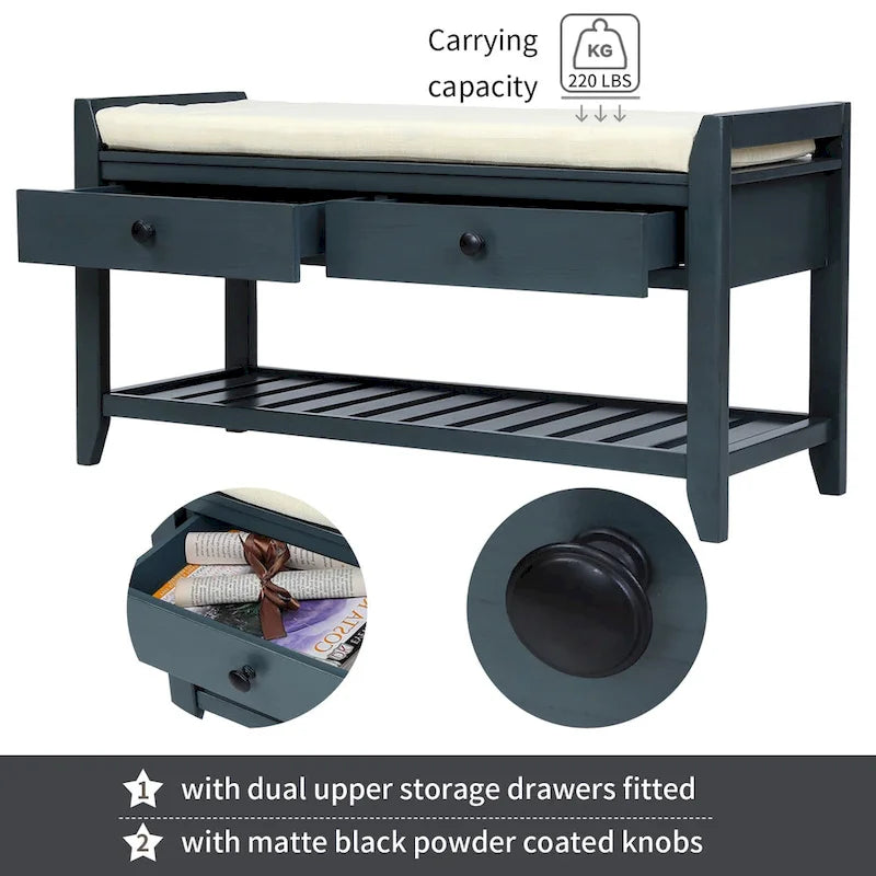 Entryway Storage Bench with Cushioned Seat and Shoe Rack
