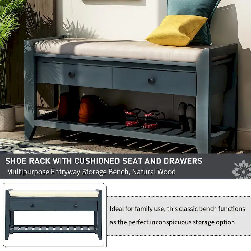 Entryway Storage Bench with Cushioned Seat and Shoe Rack