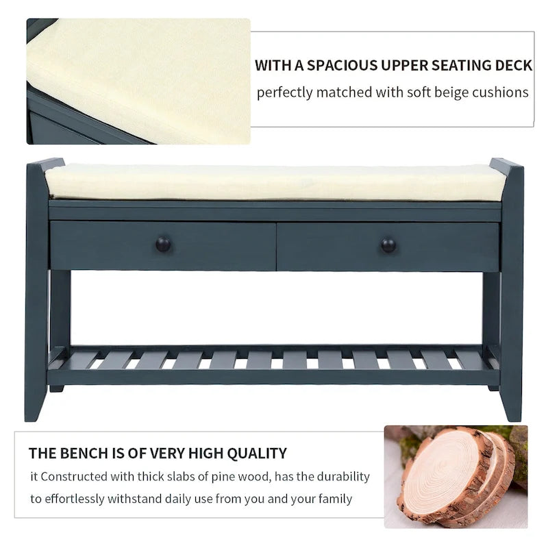Entryway Storage Bench with Cushioned Seat and Shoe Rack