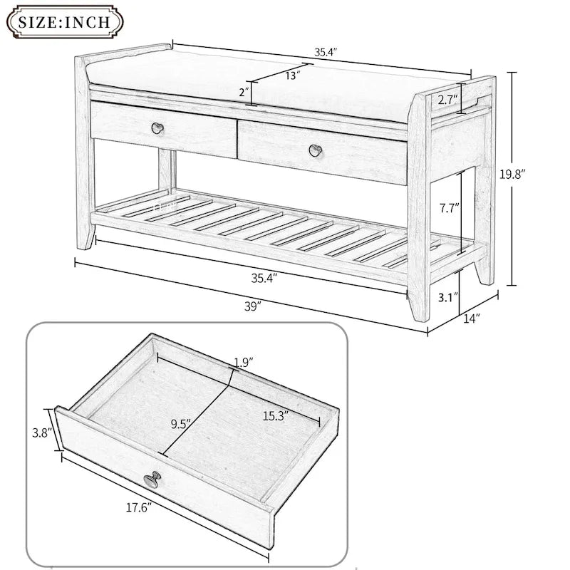 Entryway Storage Bench with Cushioned Seat and Shoe Rack