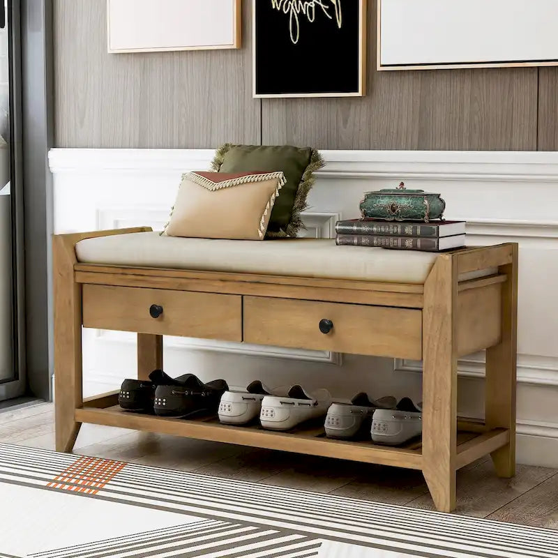 Entryway Storage Bench with Cushioned Seat and Shoe Rack