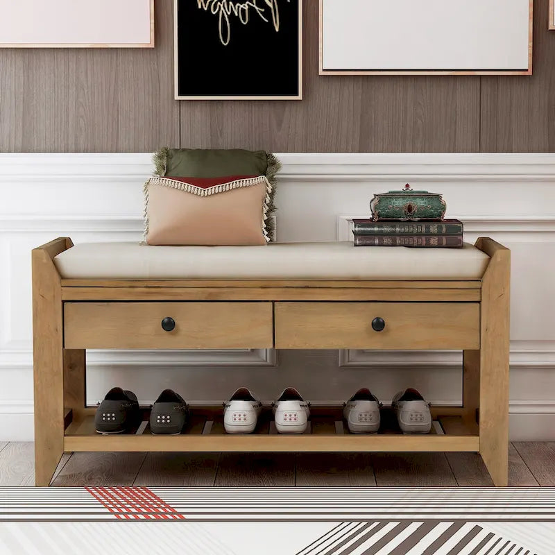 Entryway Storage Bench with Cushioned Seat and Shoe Rack