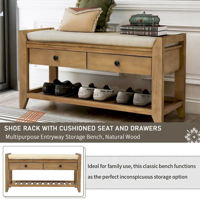 Entryway Storage Bench with Cushioned Seat and Shoe Rack