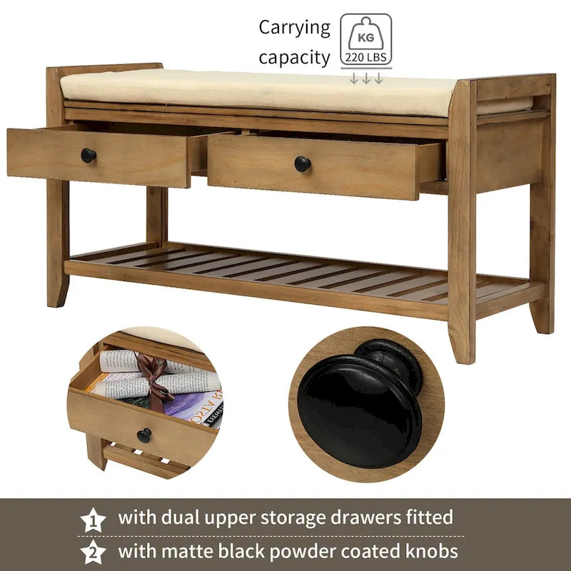 Entryway Storage Bench with Cushioned Seat and Shoe Rack
