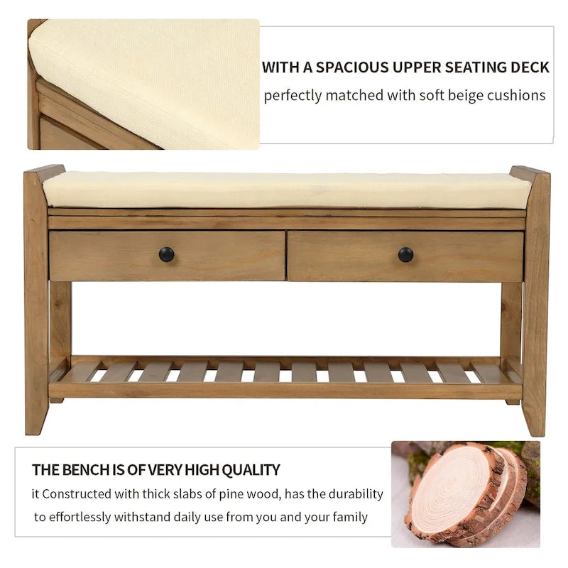 Entryway Storage Bench with Cushioned Seat and Shoe Rack