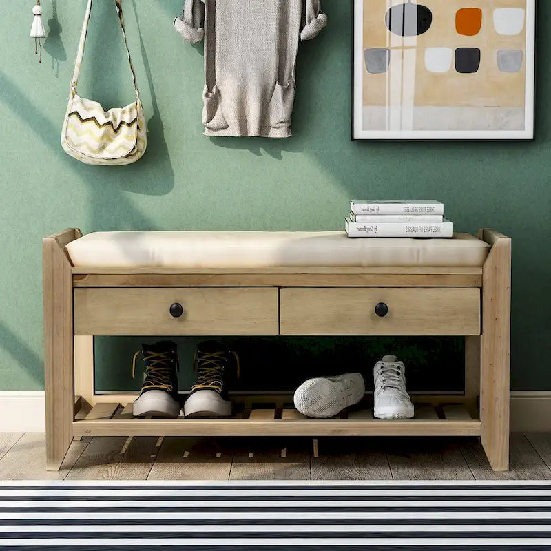 Entryway Storage Bench with Cushioned Seat and Shoe Rack