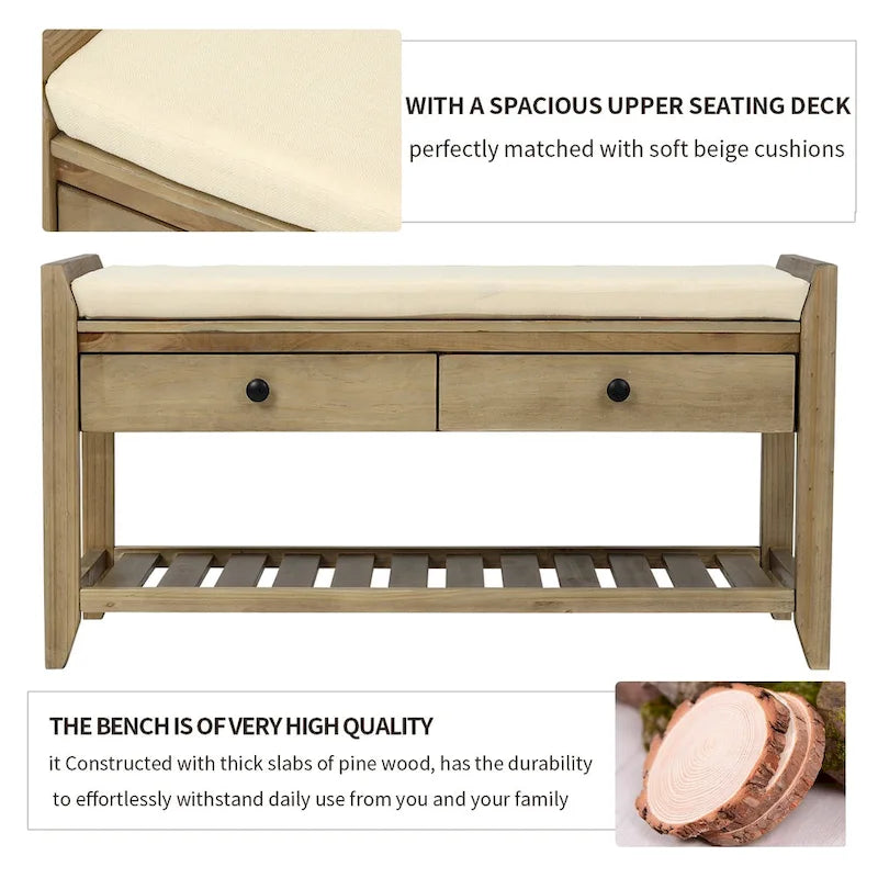 Entryway Storage Bench with Cushioned Seat and Shoe Rack