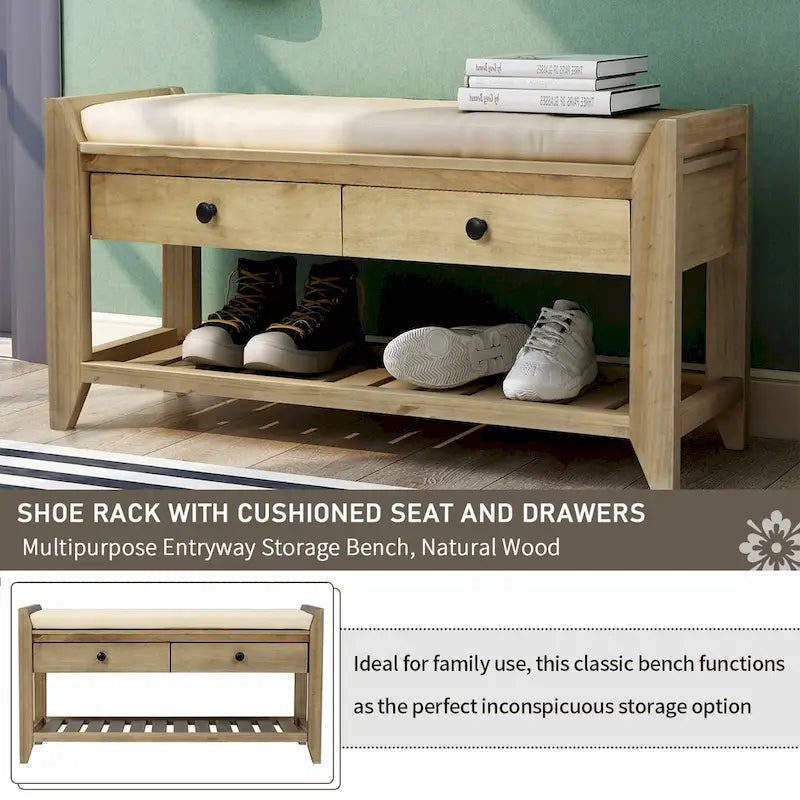 Entryway Storage Bench with Cushioned Seat and Shoe Rack