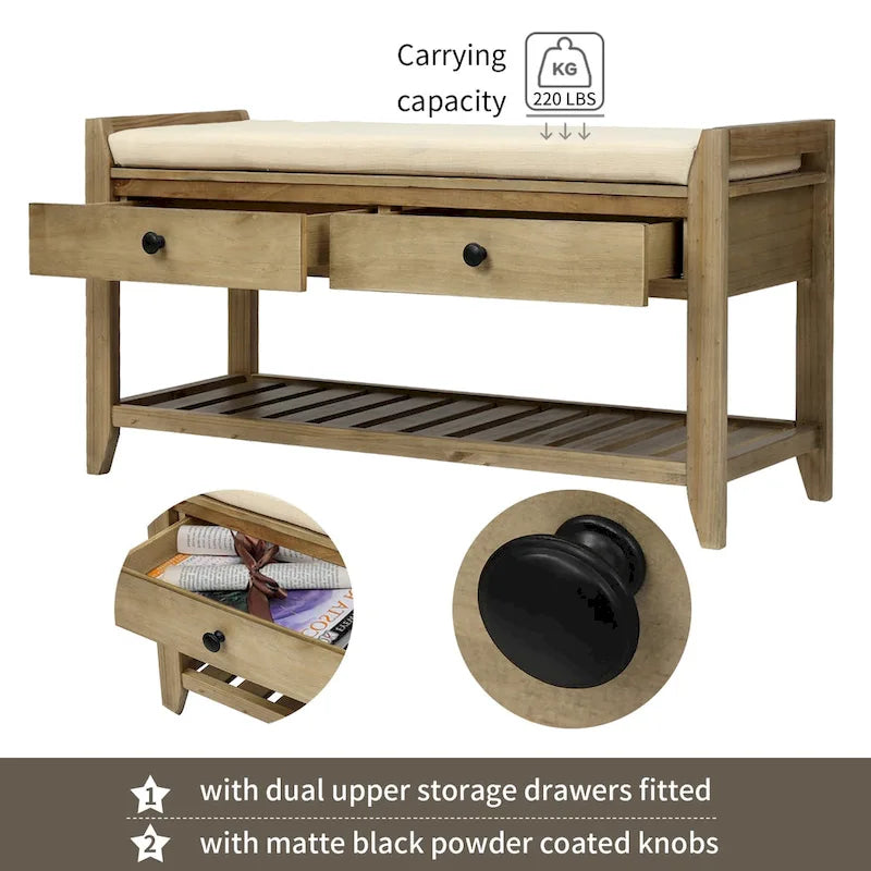 Entryway Storage Bench with Cushioned Seat and Shoe Rack