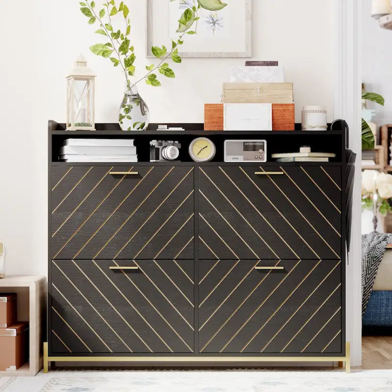 4-Door Flip Shoe Cabinet with Rustic Herringbone Design