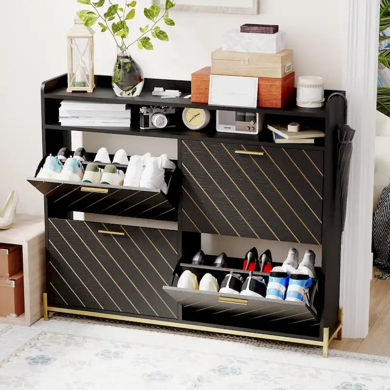 4-Door Flip Shoe Cabinet with Rustic Herringbone Design