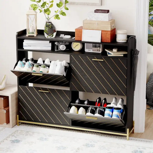 4-Door Flip Shoe Cabinet with Rustic Herringbone Design