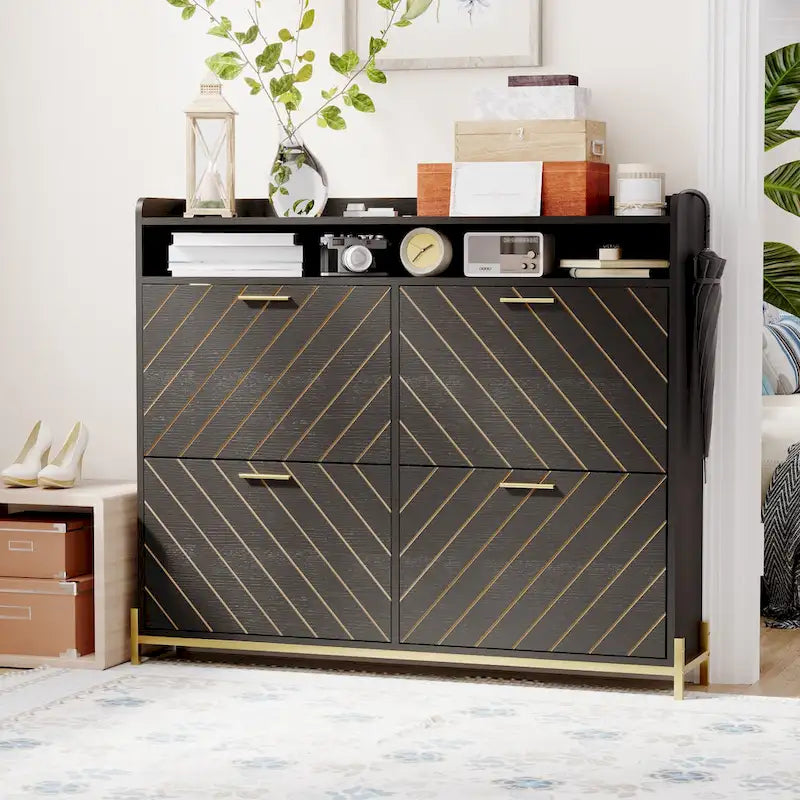 4-Door Flip Shoe Cabinet with Rustic Herringbone Design