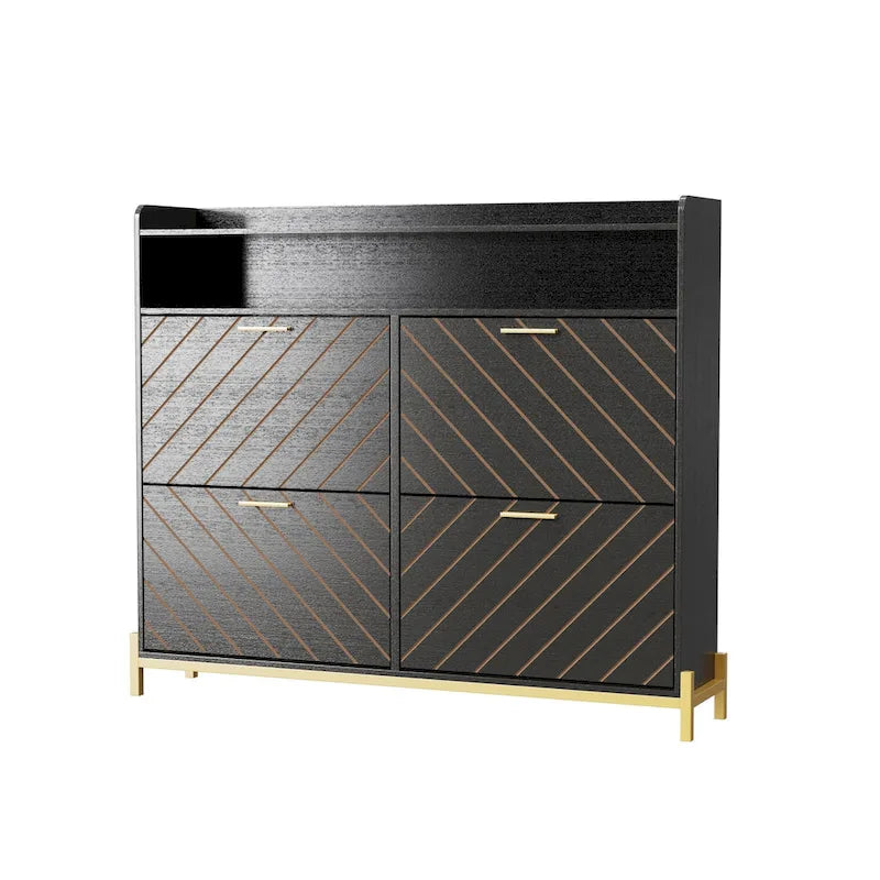 4-Door Flip Shoe Cabinet with Rustic Herringbone Design