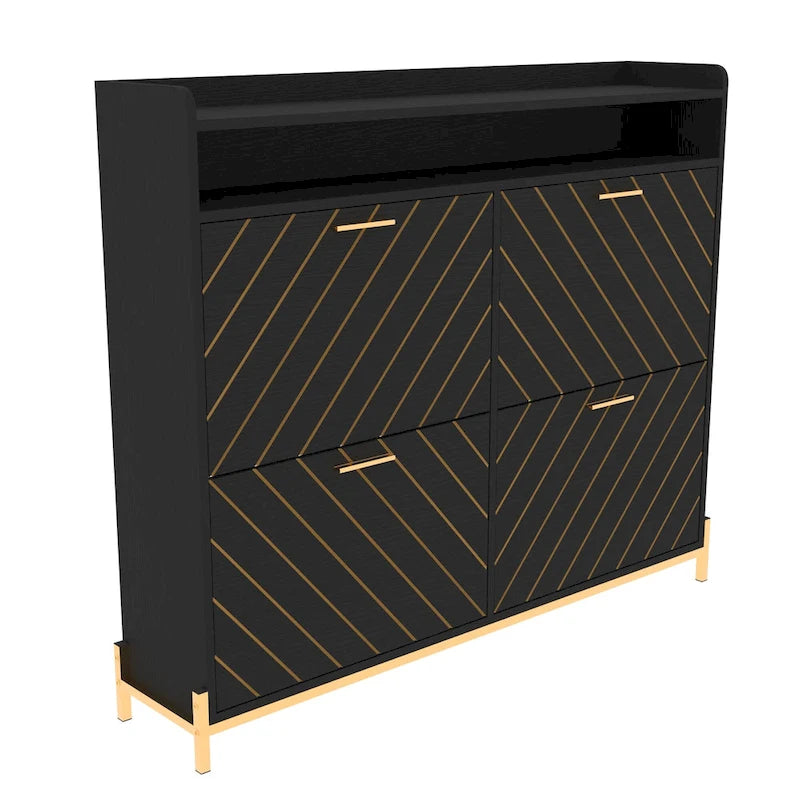 4-Door Flip Shoe Cabinet with Rustic Herringbone Design