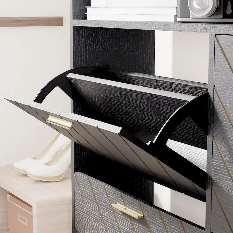 4-Door Flip Shoe Cabinet with Rustic Herringbone Design