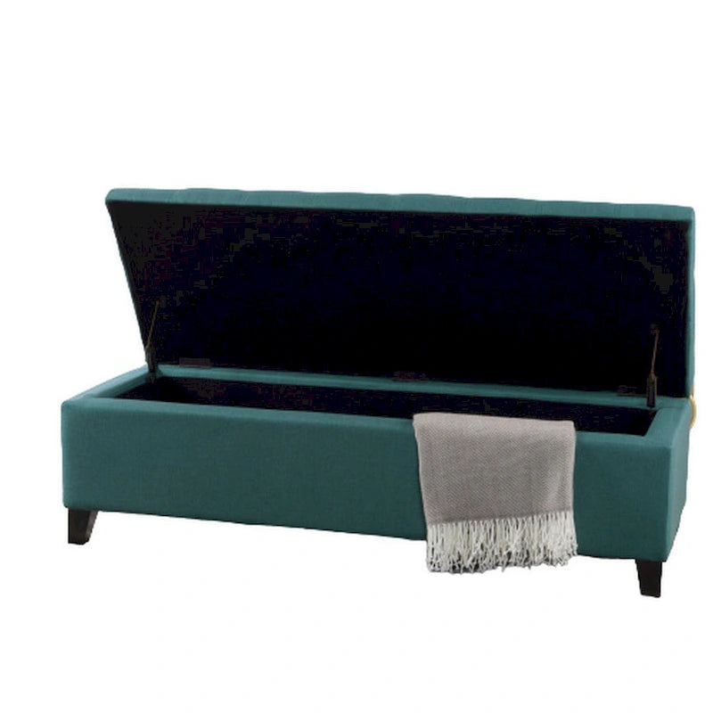 Storage Ottoman Bench, Button Tufted Teal Blue Fabric, 51 Inch