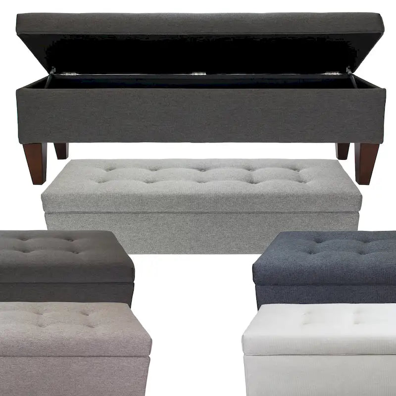 Upholstered Button-Tufted Wood Long Storage Bench