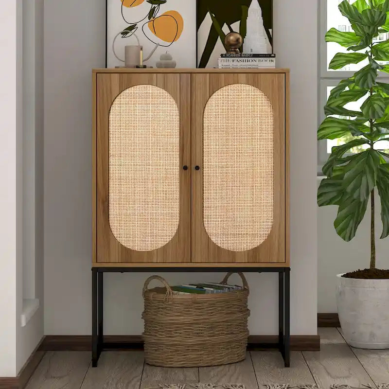 2-Door Accent Cabinet with Adjustable Shelf and Rattan Detail