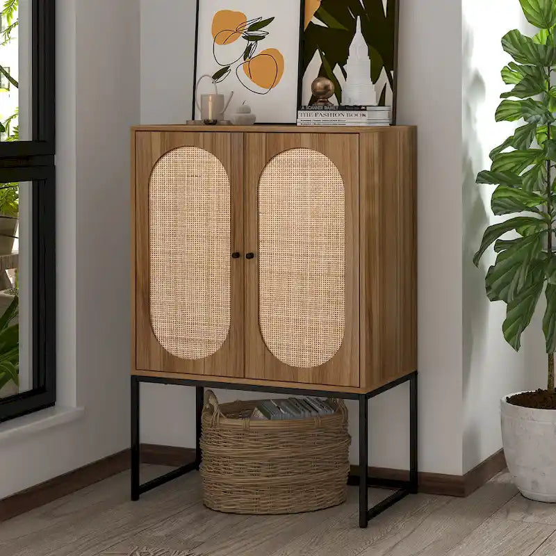 2-Door Accent Cabinet with Adjustable Shelf and Rattan Detail