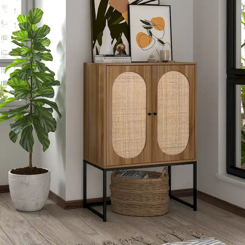 2-Door Accent Cabinet with Adjustable Shelf and Rattan Detail