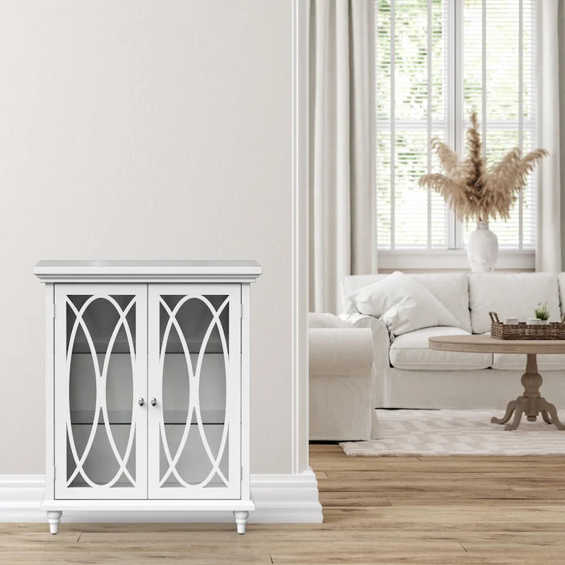 Freestanding Wooden Floor Cabinet with Tempered Glass Doors, White - 26L x 12.5W x 32H