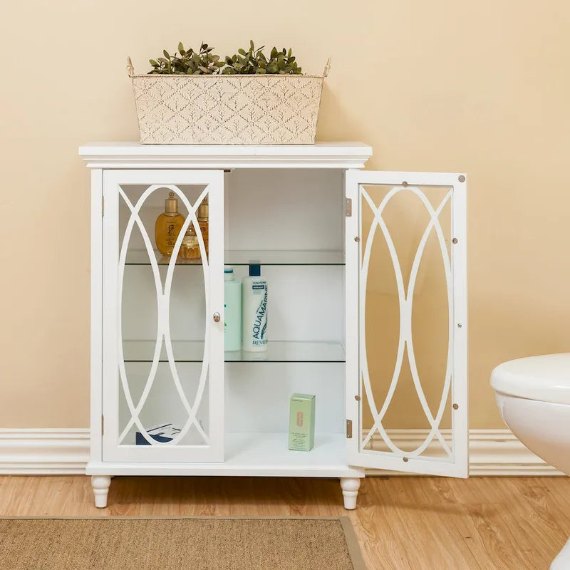 Freestanding Wooden Floor Cabinet with Tempered Glass Doors, White - 26L x 12.5W x 32H
