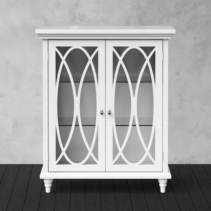 Freestanding Wooden Floor Cabinet with Tempered Glass Doors, White - 26L x 12.5W x 32H