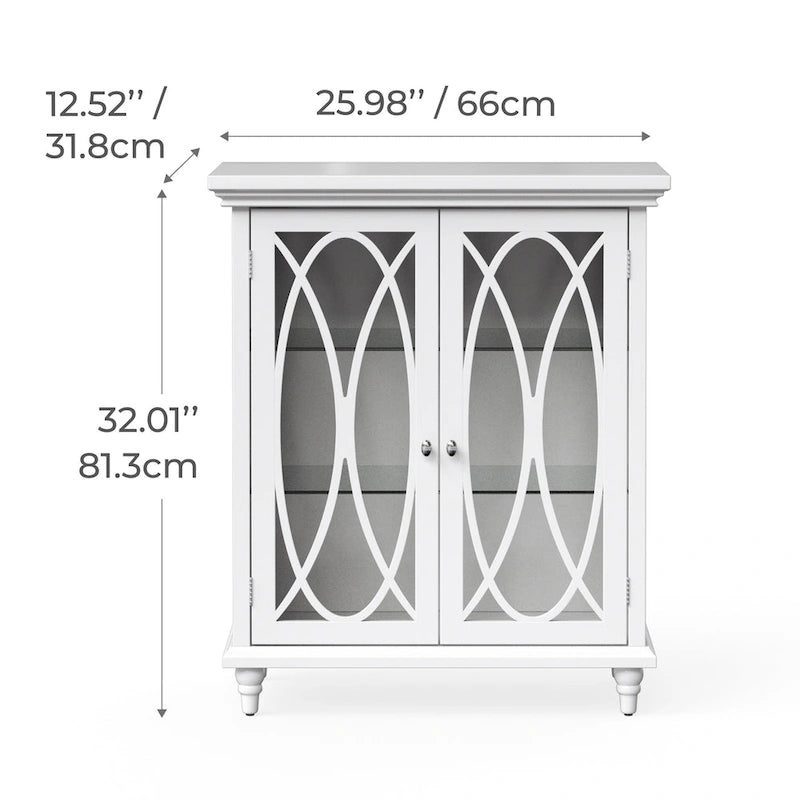 Freestanding Wooden Floor Cabinet with Tempered Glass Doors, White - 26L x 12.5W x 32H