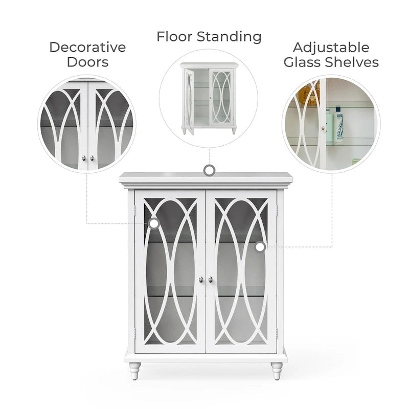 Freestanding Wooden Floor Cabinet with Tempered Glass Doors, White - 26L x 12.5W x 32H