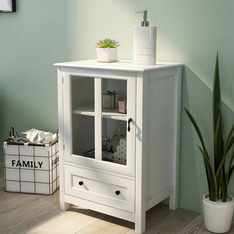 Buffet storage cabinet with double glass doors and unique bell handle