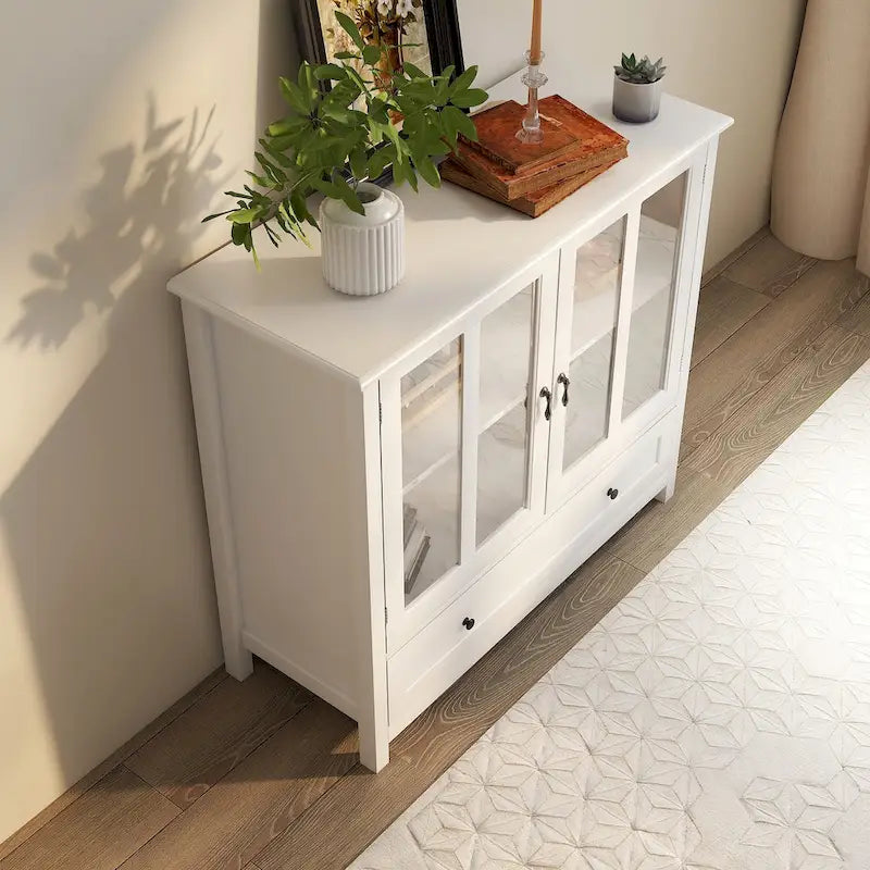 Buffet Storage Cabinet with Double Glass Doors and Bell Handle