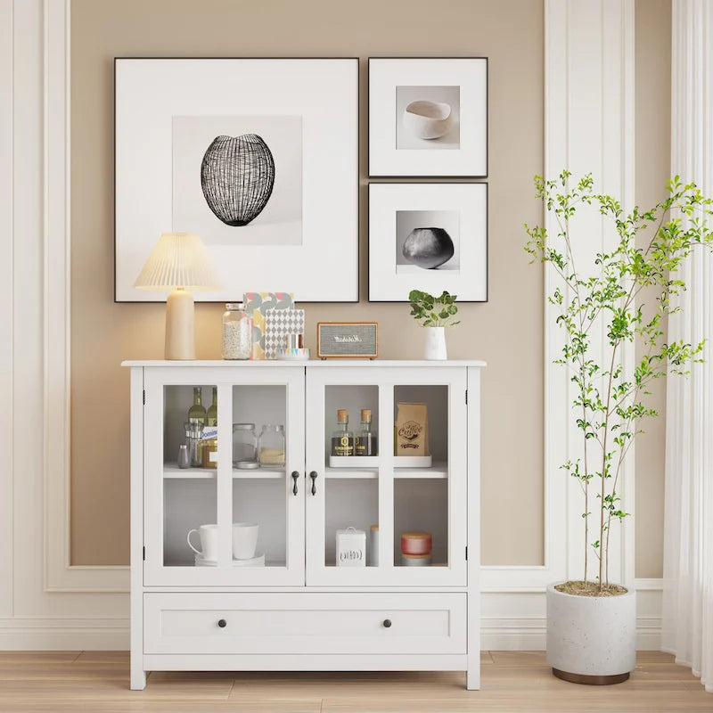 Buffet Storage Cabinet with Double Glass Doors and Bell Handle