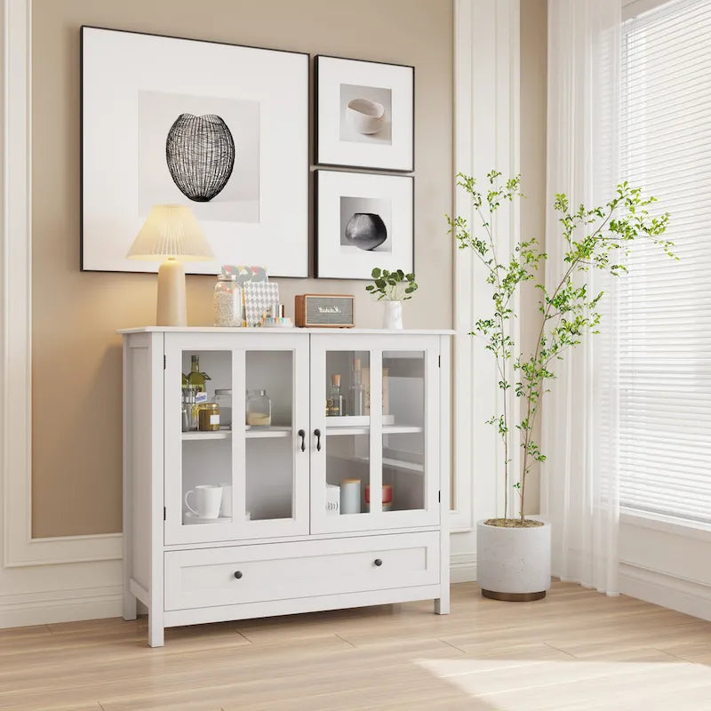 Buffet Storage Cabinet with Double Glass Doors and Bell Handle