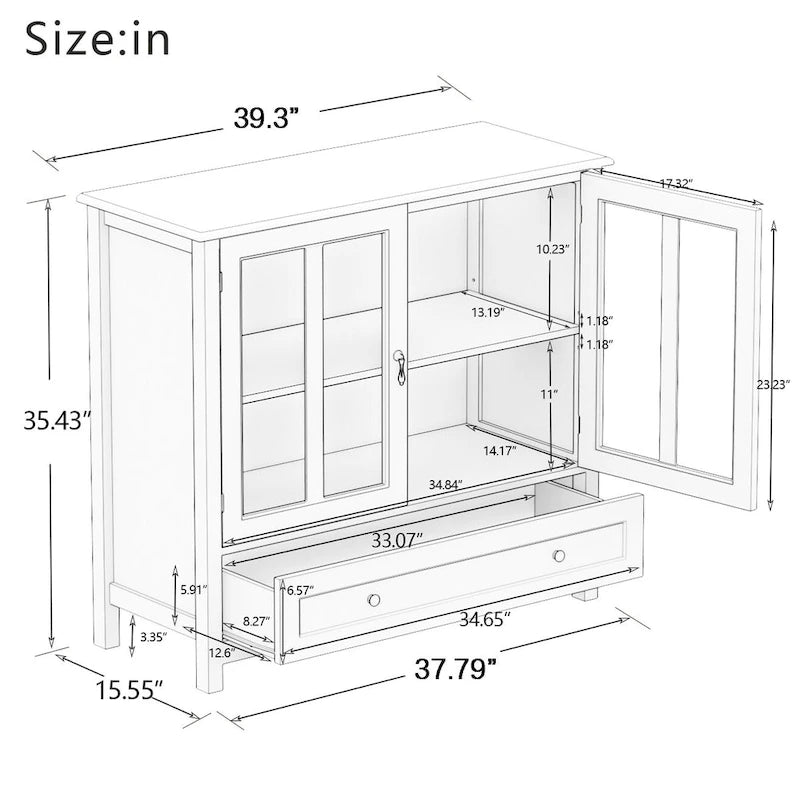 Buffet Storage Cabinet with Double Glass Doors and Bell Handle
