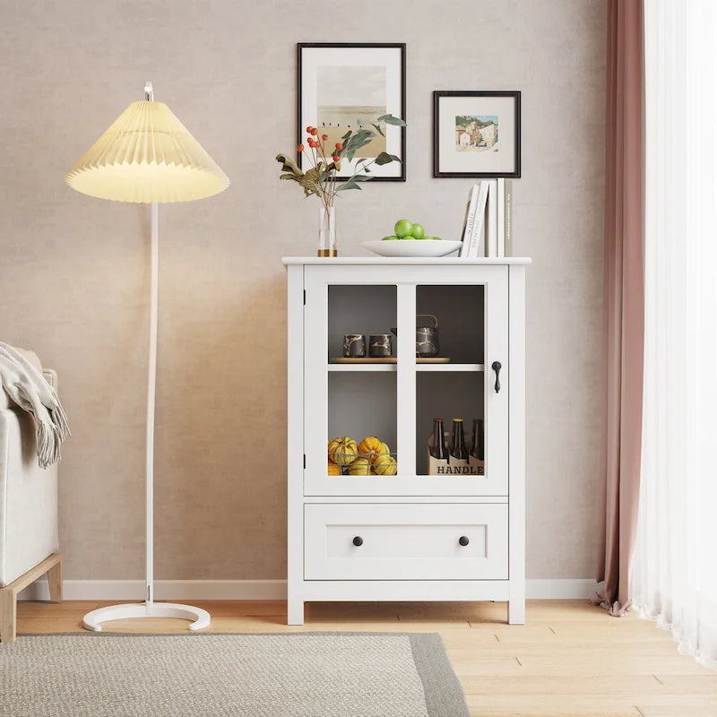 Buffet Storage Cabinet with Double Glass Doors and Bell Handle