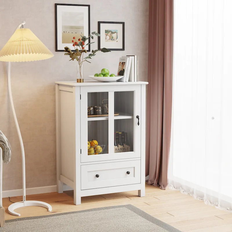 Buffet Storage Cabinet with Double Glass Doors and Bell Handle