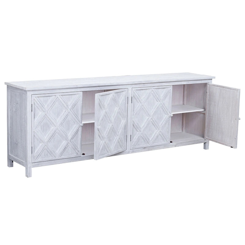 94-Inch Reclaimed Pine Whitewashed Hand-Carved Sideboard