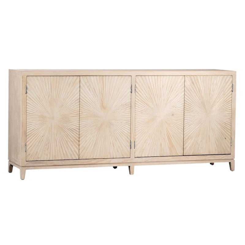 79-inch Pine Light Wash 4-Door Sideboard with Hand Carved Burst Pattern