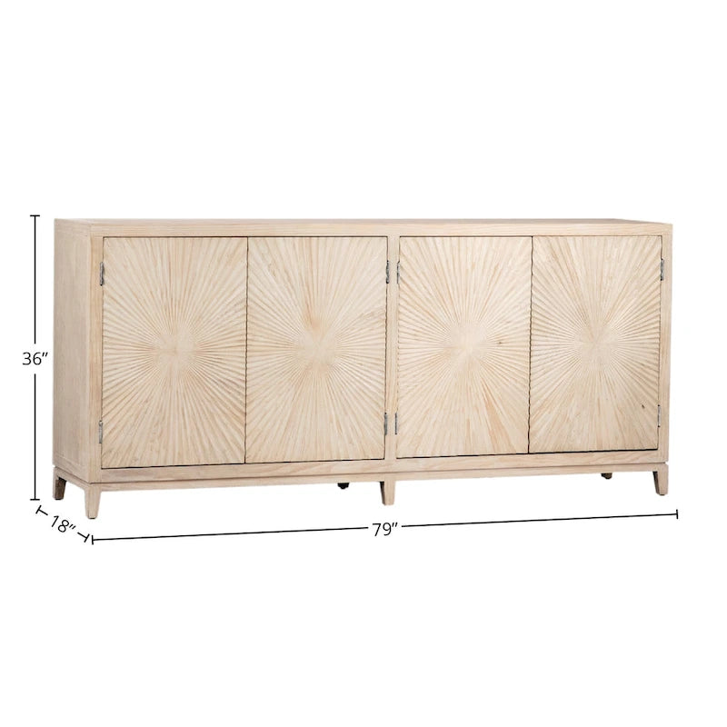 79-inch Pine Light Wash 4-Door Sideboard with Hand Carved Burst Pattern