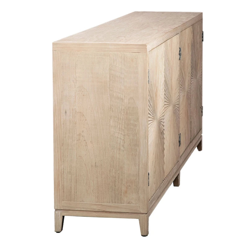 79-inch Pine Light Wash 4-Door Sideboard with Hand Carved Burst Pattern
