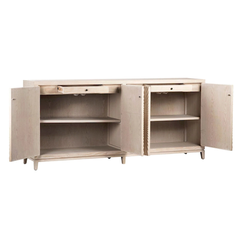 79-inch Pine Light Wash 4-Door Sideboard with Hand Carved Burst Pattern