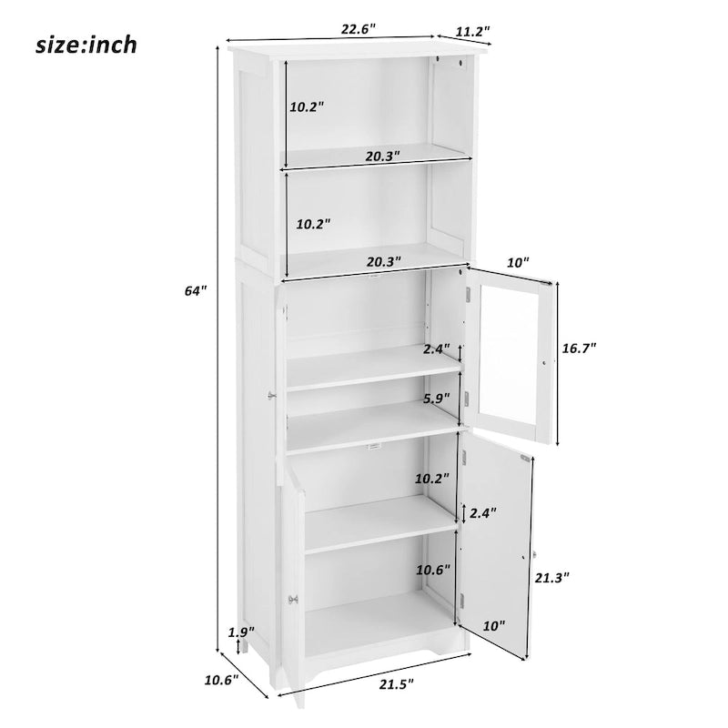 Tall Bathroom Storage Cabinet with Shelves and Doors - 23W x64H