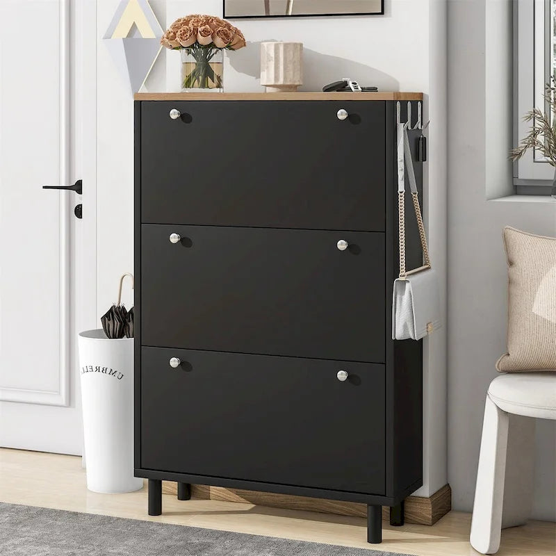 Narrow Design Shoe Cabinet with 3 Flip Drawers & 3 Hooks