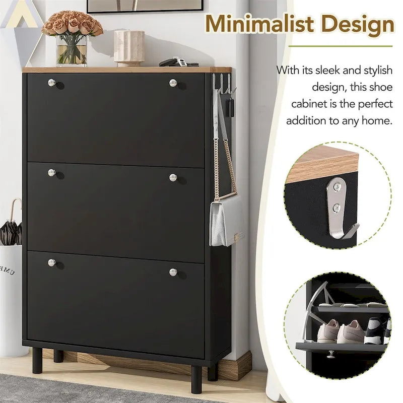 Narrow Design Shoe Cabinet with 3 Flip Drawers & 3 Hooks