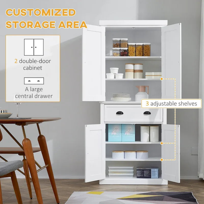 72" Freestanding Kitchen Pantry Cabinet with Adjustable Shelves & Drawers