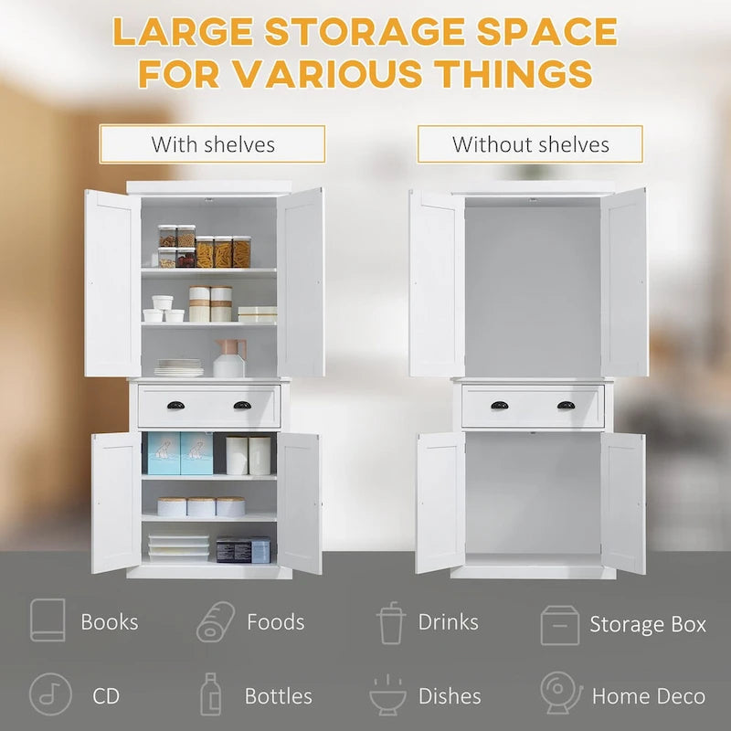 72" Freestanding Kitchen Pantry Cabinet with Adjustable Shelves & Drawers